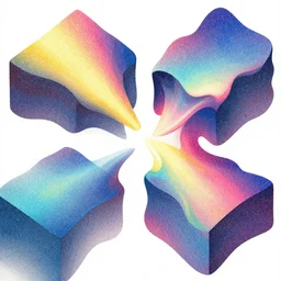 isometric planes melting, colorful, grainy, risograph, wood block print, dramatic lighting, flowing, nebula, stippled light