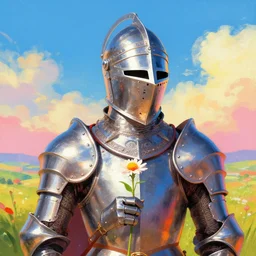 colorful retrofuturistic digital airbrush illustration of a knight wearing an ornate chrome headpiece and holding a flower with a landscape and sky in the background by luigi patrignani