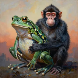 painting of hybrid frog and monkey!!! fused together, intercrossed animal, by zdzislaw beksinski, by lewis jones, by mattias adolfsson, cold hue's, warm tone gradient background, concept art, digital painting