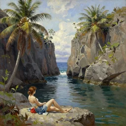 a long, narrow, deep tropical inlet of the pacific sea between high cliffs, palm trees, woman enjoying the sun, extremely detailed oil painting, sargent and leyendecker, savrasov levitan polenov, bruce pennington, tim hildebrandt, digital art, landscape painting, trending on artstation, masterpiece