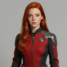 A young woman who looks like a mixture between Karen Gillan, Anya Taylor Joy and Thomasin McKenzie, redhead, long and straight hair, wearing red and black utilitarian jumpsuit, scifi, highly detailed portrait, digital painting, artstation, concept art, smooth, sharp foccus ilustration, Artstation HQ.