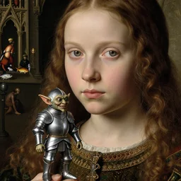 medieval jan van eyck closeup face portrait of a tin toy young girl with a tin toy goblin wearing armour, nicoletta ceccoli, mark ryden, lostfish, hyung tae, frank frazetta, depth of field, detailed and intricate gothic environment, 8 k resolution, hyperrealistic, octane render