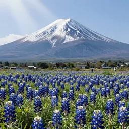 a beautiful and detailed picture of mount fuji surrounded by a field of bluebonnets, in the style of magic the gathering, highly detailed, digital painting, god rays, volumetric lighting, octane render, 4 k resolution, art by adam paquette and johann bodin and jason rainville