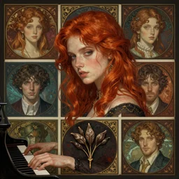 realistic detailed face portrait of Elesky, a young redhaired woman playing the piano, by  Ayami Kojima, Amano, Charlie Bowater, Karol Bak, Greg Hildebrandt, Jean Delville, and Mark Brooks, Art Nouveau, Neo-Gothic, gothic, rich deep moody colors The seeds for each individual image are: [2494430636, 1032106751, 2063300223, 3127318783, 2806927615, 1614572159, 3237315913, 4237549348]