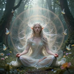 elven princess meditating in forest, magical flowers, surrounded by fairies, beautiful face, wisps, surreal, surrealist art, photo, trending on artstation, ultra detailed, intricate, sacred geometry, serene, beautiful, photo, realistic, perfect, smooth, light shafts, light diffusion, chromatic aberration, moebius, by moebius, peter mohrbacher, eye contact, symmetry, magical princess, liquid, flowing, misty forest