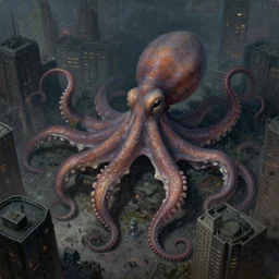 aerial!!!! view of a giant octopus monster moving through a dark, dim, detailed city, extremely detailed!!! oil painting, dull palette, dramatic lighting, trending on artstation