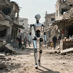 color video footage, slender robot walking in the bombed market district,