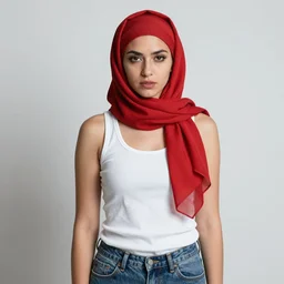 frontal portrait of a ( thugish ) woman, wearing a red headscarf, a white tank top, and jeans, by donato giancola.