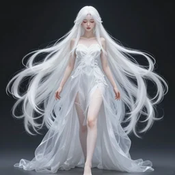 stunningly beautiful goddess, full body visible, porcelain skin, long white hair, symmetrical, overwhelming, innocent, etheral, live 2 d anime style, 8 k