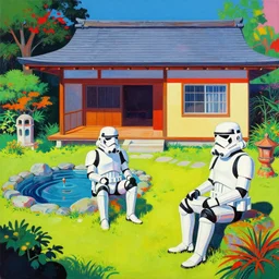 detailed composition of the japanese home with a garden and a pond, 2 stormtroopers sitting around it, pop - art style, jacky tsai style, andy warhol style, rich palette, acrylic on canvas