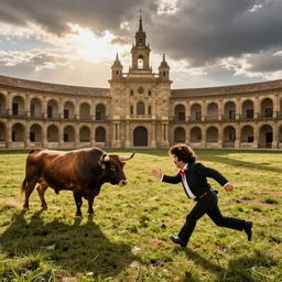 bob ross running from the bulls in pamplona spain