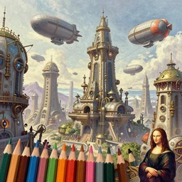 colored pencils an epic fantasy comic book style painting of a steampunk city with airships flying above it, fine details, no repeat, concept design, contrast, kim jung gi, pixar and da vinci, trending on artstation, 8 k, ultra wide angle
