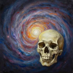 the spiraling flow of the super nova is what forms the ancient preist skull, by ross tran, oil on canvas