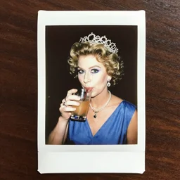 Instax photograph from 1985 of Queen Elizabeth wearing 80s makeup drinking from a solo cup