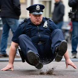 closeup portrait of fat police officer jump canonball in an amsterdam street, shockwave impact ground. natural light, sharp, detailed face, magazine, press, photo. steve mccurry, david lazar, canon, nikon, focus