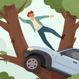 A tall redhead man with glasses crashing in a tree with his car