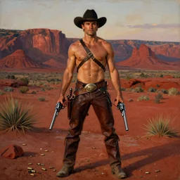 an dramatic homoerotic painting of a handsome shirtless cowboy holding revolvers | he is wearing bandoliers, a harness, and leather pants | red desert mesa background at twilight, ground littered with bullet casings | by bill ward, by tom of finland, by clyde aspevig, by thomas moran | trending on artstation