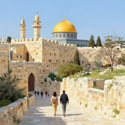 i walk in jerusalem old city, israel. volumetric lighting, spring, nice weather, realistic illustration, perfectly shaded, soft painting, art