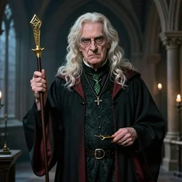Lord Havelock Vetinari as a shady, machiavellian, slytherin headmaster of Hogwarts, School of Witchcraft and Wizardry, detailed, hyperrealistic, colorful, cinematic lighting, digital art by Paul Kidby n-5