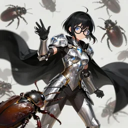 portrait of a female anime hero, wearing big black circle glasses, a flowing black cape and diamond armor, battling a giant beetle, art by artgerm, fantasy art