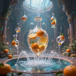 magical potions floating in a mystical brutalist space while fountains flow out of oranges