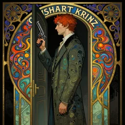 the man froze with a gun in his hand near the door, a dark room, side profile centered portrait, by artgerm, cushart krenz, greg rutkowski, storyboard, mucha. art nouveau. gloomhaven, swirly vibrant ripples, gaudy colors, sharp edges. ultra clear detailed. 8 k. elegant, intricate, octane render