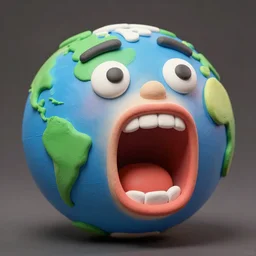 claymation of a diagram of the Earth as a human face screaming