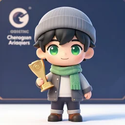 a chibi kawaii black haired green eyes boy with winter clothe and gray hat, winning artstation competition