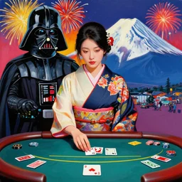hyperrealistic composition of the detailed single woman in a japanese kimono sitting at a extremely detailed poker table with hyperdetailed darth vader, fireworks, mountain fuji on the background, pop - art style, jacky tsai style, andy warhol style, acrylic on canvas