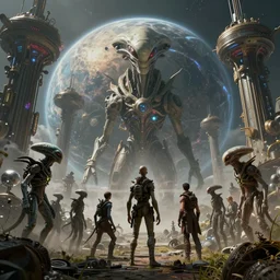 thumbnails of alien concuring on a planet with high tech fantasy / magical machinery, cinematic composition, a fantasy digital painting by greg rutkowski and james gurney, trending on artstation, highly detailed, hyperrealistic, realistic, photorealistic, dynamic lighting, highly detailed, cinematic landscape, studio landscape, studio lighting