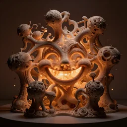 rhizomuse lifeforms, diorama, stunning photo, artist impression, cgsociety, abstract sculpture, warm ambient lighting, glow, deep shadows, hyperdetailed, 8 k, octane render, epic resolution, big smile
