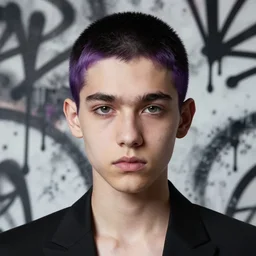 highly detailed closeup portrait of cool black hair really short gradient, young teen, black suit by atey ghailan, by greg rutkowski, by greg tocchini, by james gilleard, by joe fenton, by kaethe butcher, gradient dark purple, black and white color scheme, grunge aesthetic!!! ( ( graffiti tag wall background ) )