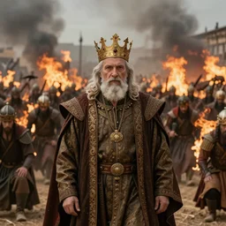 an old king, facing thousands of adversaries with his burning and falling kingdom in the background.