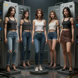 Ladies in various pants and shorts and skirts, electrical case display, total recall tech, ultrarealistic, dramatic lighting, electrical details, high details, 4k, 8k, best, accurate, trending on artstation, artstation, photorealism, ultrarealistic, digital painting, style of  Boris Vallejo and Hajime Sorayama