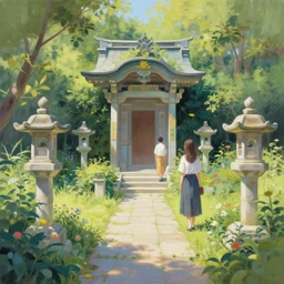 a beautiful painting of the garden, shrine, two people, by greg rutkowski, trending on artstation