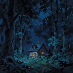 cold dark night, alone small house in forest, studio ghibli, pixar and disney animation, science fiction, cyberpunk, sharp, disney concept art illustration by alphonse mucha, dynamic lighting