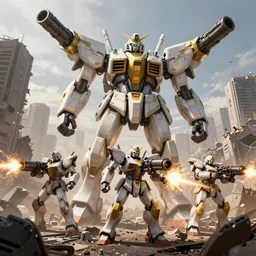 squad of giant white & gold robots shoots from big guns in the environment of battlefield in destroyed city, render, ray tracing, jakub rozalski art style, dramatic, detailed, artstation,