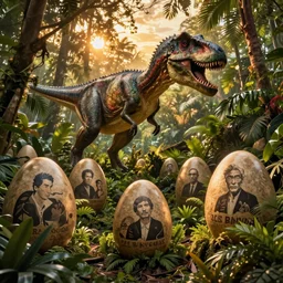 golden hour jurassic tropical rain forest, large eggs of a dinosaur, les edwards, zdzislaw beksinski, carl gustav carus, john harris, michal karcz, zhang kechun, mikko lagerstedt, scott listfield, steven outram, jessica rossier