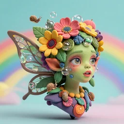 headshot of a trickster nature zombie fairy, head made of fruit and flowers in the style of arcimboldo, fragonard, covered with glassy bubbles and snails, digital illustration, dynamic lighting, action figure, clay sculpture, claymation, turquoise pink and yellow, rainbow stripe backdrop
