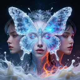 3 d goddess butterfly face portrait, face in the center, bioluminescent, ice, galaxy, plasma, lava, milk, artwork by tooth wu and greg rutkowski and wlop and beeple, 8 k trending on artstation, volumetric lighting