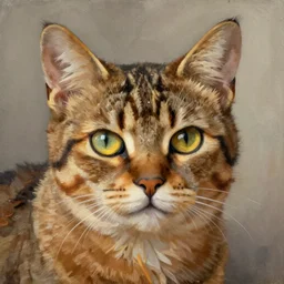 high quality high detail painting by lucian freud, hd, brown cat with yellow eyes
