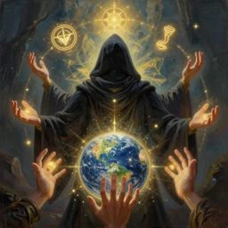 an epic painting of the wizard in the hood, surrounded by glowing symbols making hand passes to create new world, back view, fantasy background, mystic, mysterious, oil on canvas, symmetric, perfect composition, golden ratio, beautiful detailed, photorealistic, digital painting, concept art, smooth, sharp focus, illustration, artstation trending, octane render, unreal engine, hd, 8 k, highly detailed