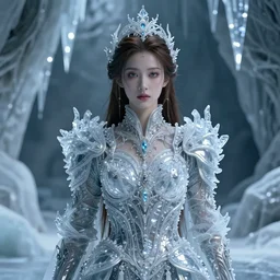 medium shot of a regal brown woman wearing an intricate and detailed armor made of many layers of ice. haunting eyes. fragile. ethereal. elaborate. ice caves. glaciers. stalactites. dispersion. refraction. reflections. soft lighting. textures. delicate. translucent. studio portrait. photorealistic. octane render