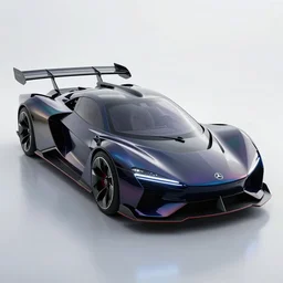 photo of a dark glass and plastic futuristic aerodynamic ( box - shaped ) car with sharp edges and aerodynamic fins and canards, iridescent octopus skin, venturi tunnels, neon lights, hybrid electric e - class car style, studio lighting, spaceship style, hard surfaces