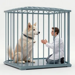 An AI in a cage trying to persuade a researcher to let it out, surreal, digital art, 4k, trending on artstation
