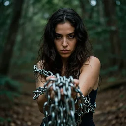 a closeup portrait of a woman wrapped in chains, dragging a pile of chains, in a forest, by Omar Z. Robles, CANON Eos C300, ƒ1.8, 35mm, 8K, medium-format print