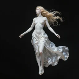 full body Painting of a beautiful woman floating in the black sky, long blonde hair, delicate, pale milky white porcelain skin in long silky cloth, rendered in octane. 8K. Extremely detailed.