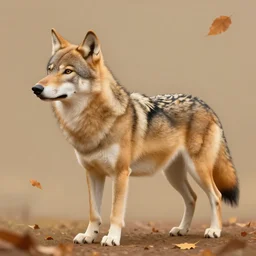 professional stylized digital art of a full - body profile of a light brown tibetan wolf, tan accents, fluffy, falling leaves, hd, 8 k, highly detailed, high quality, cute