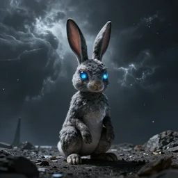 alien rabbit in the space by HR giger, octane render, ambient light, space storm, very glowing eyes