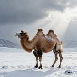 a camel during a blizzard, snow storm, whiteout, snow
